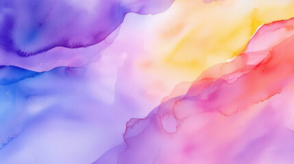 Vibrant watercolor abstract background featuring soft hues of purple, pink, yellow, and orange blending seamlessly, evoking sense of calm