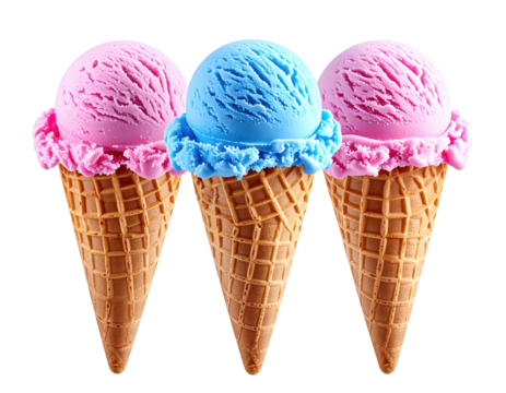 Three colorful scoops of ice cream atop crisp, waffle-style cones against a white background