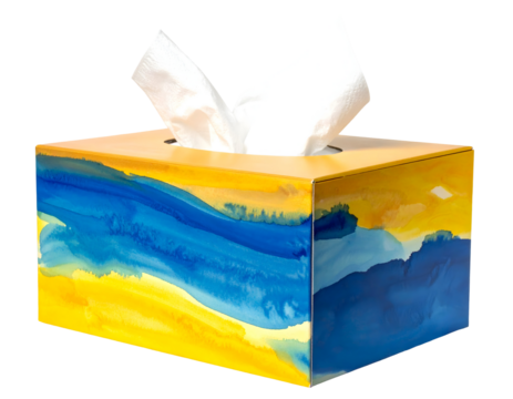 Watercolor painted tissue box isolated on transparent background with tissues sticking out