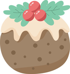 Delicious Christmas Pudding with Cream Icing, Holly Leaves, and Red Berries Illustration