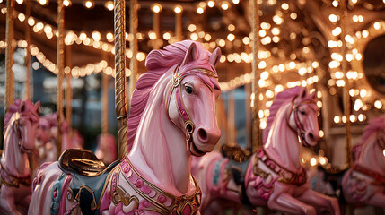 Pink carousel horses adorned with intricate details and vibrant colors, illuminated by warm lights, creating a whimsical atmosphere of nostalgia and joy