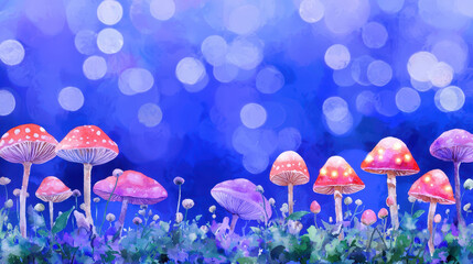 Colorful watercolor mushrooms in dreamy landscape with soft bokeh background, creating whimsical and enchanting atmosphere