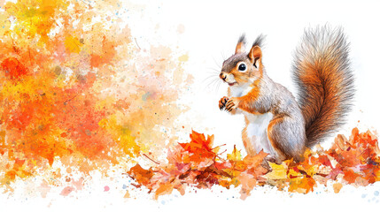 Watercolor sketch of squirrel surrounded by colorful autumn leaves, capturing essence of fall with vibrant hues and playful expression