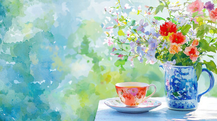 Vibrant watercolor still life featuring colorful bouquet of flowers blue pitcher alongside decorative teacup plate. soft background creates serene