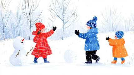 Children playing in snow, wearing colorful winter clothing, enjoying snowy day with snowman nearby, creating joyful winter scene