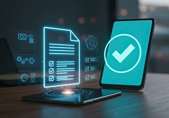 Digital approval process visualized with glowing checklist and verified checkmark on phone screen, representing successful task completion and modern workflow efficiency.