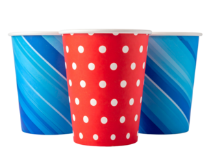 Three paper cups isolated on transparent background with red and blue patterns