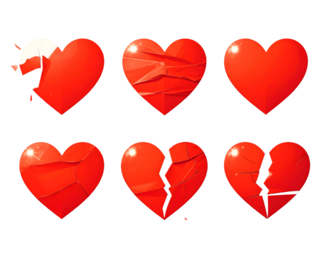 Collection of broken red hearts isolated on transparent background for valentines day