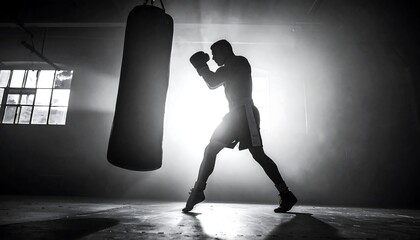 Silhouetted boxer training with heavy bag