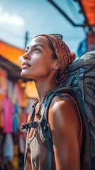 Solo woman traveler, confident young woman exploring vibrant street market with backpack, authentic journey.