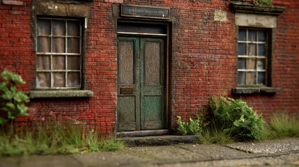 Fototapeta premium Weathered brick facade with overgrown front