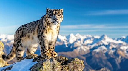 Majestic Snow Leopard Standing Proudly on Rocky Mountain Summit