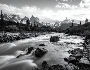 River flowing past rocky bank, with snow-capped mountain range in the background