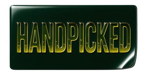 Glossy green tag sticker with HANDPICKED offer in bold text, premium retail discount promotion on transparent background.