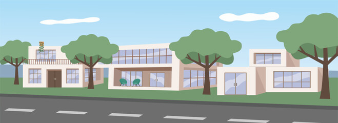 Urban modern house. City house. Green city. Real estate. Villa house. Residence. Housing area. Neighborhood.