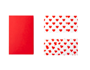 Red card and wrapping paper with hearts isolated on transparent background