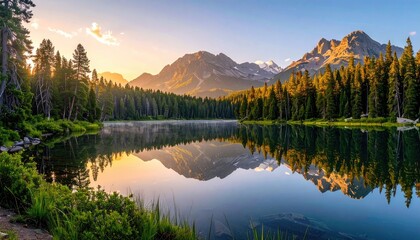 Scenic Mountain Lake Reflection at Sunrise with Coniferous Forest Golden Light and Snowcapped Peaks in Background