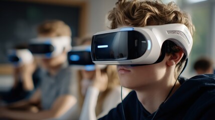 Vr learning classroom, students in VR headsets interacting with digital 3D learning tools, futuristic education.