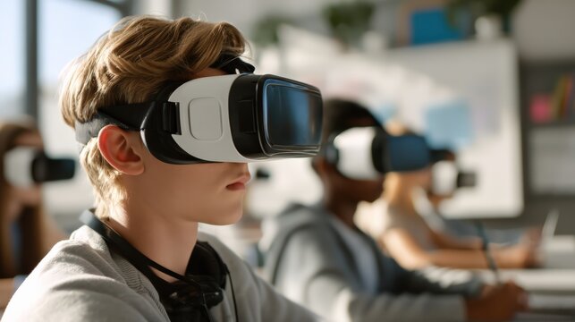 Virtual reality learning, diverse students using VR headsets in bright modern classroom, futuristic interactive education.
