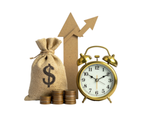 Conceptual still life with money bag, arrow, coins, and alarm clock