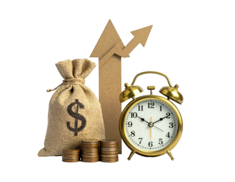 Conceptual still life with money bag, arrow, coins, and alarm clock