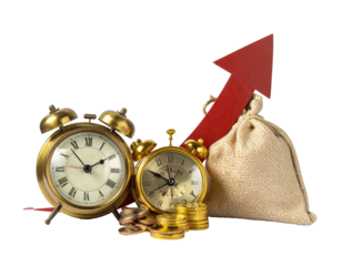 Two clocks, coins, a money bag, and a rising arrow on black background