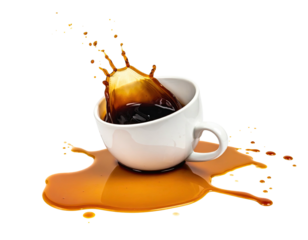 White ceramic cup spills dark liquid, forming a splash on a black background