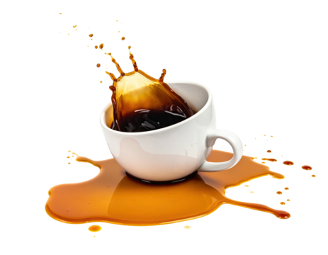 White ceramic cup spills dark liquid, forming a splash on a black background