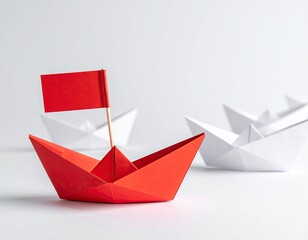 A red paper boat with a flag leads white paper boats on a white background
