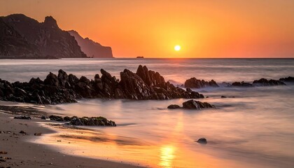 Scenic Coastline at Sunset with Rocky Outcrops and Warm Orange Sky in Coastal Landscape