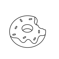 Simple black and white line art illustration of a frosted donut with sprinkles, featuring a missing bite. Minimalist vector icon for food and dessert concepts