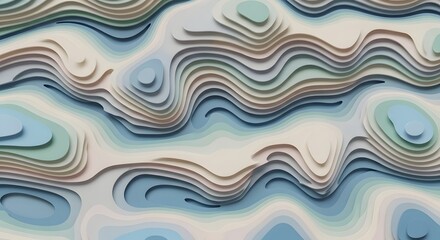 Abstract topographic map art piece, showcasing layered paper cutouts with varying colors and depths.