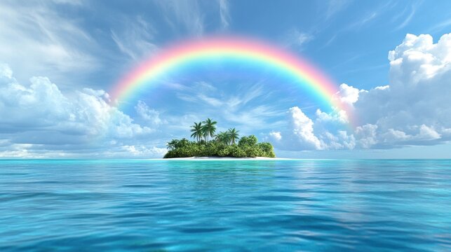 Vibrant Rainbow Over Tropical Island With Clear Blue Ocean Water