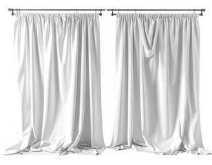 Two white, flowing drapes hanging from a silver rod against a black background