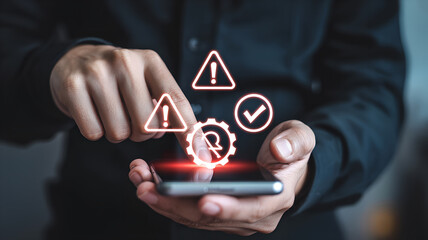 Man using smartphone with glowing digital warning and success icons hovering above