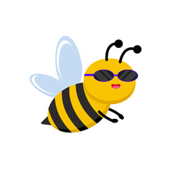 A delightful and adorable cartoon cute bee soaring through the air, wearing cool purple sunglasses with a cheerful smile, embodying summer fun and playful energy