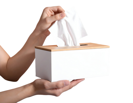 Hand pulling tissue from box isolated on transparent background