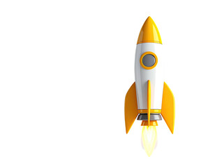 Cartoon rocket ship with yellow and white accents, blasting off from darkness