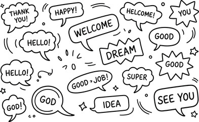Cartoon speech bubble set, colorful hand-drawn expressions, playful comic-style layout, positive phrases for social media, education, and merch