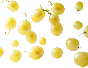 Floating pale green grapes on a black background, studio shot, fruit