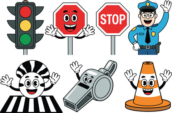 Cartoon traffic safety characters, expressive road signs and symbols, playful educational design, kid-friendly layout for learning kits and merch