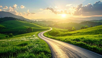 Scenic Countryside Road at Sunset with Green Hills and Dramatic Sky View towards a road with Yellow and White Flowers along Roadside and Hillside