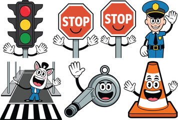 Cartoon traffic safety characters, expressive road signs and symbols, playful educational design, kid-friendly layout for learning kits and merch