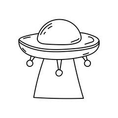 Whimsical line art illustrating a classic ufo, an iconic flying saucer symbolizing extraterrestrial life and the mysteries of cosmic exploration, perfect for futuristic and sci-fi themed visuals