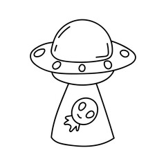 Cute black and white line art illustration of a UFO with an alien face, perfect for science fiction and space-themed designs
