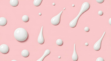 White liquid drops of varying sizes and shapes are scattered across a light pink background, creating an abstract pattern.