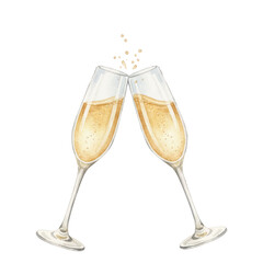 Champagne glasses vector illustration. Restaurant glassware. Bubbly in glass. Champagne glasses watercolor-style cheers clipart, fizzy champaign in goblet. Birthday or New Year toast concept