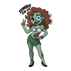 zombie pinup poster style, curly hair ghoul, peace sign gesture, torn outfit, playful undead mascot, vintage horror vector