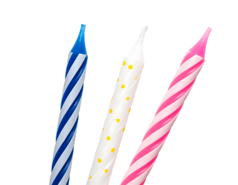 Three birthday candles isolated on transparent background for celebration party