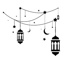 Elegant black and white illustration of hanging lanterns, stars, and crescent moons, perfect for celebrating Ramadan Kareem with a festive, spiritual atmosphere and beautiful Islamic design